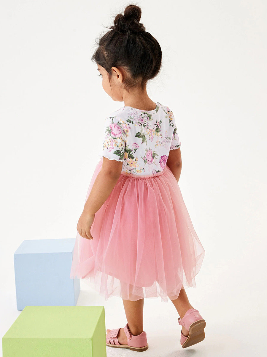 Spring And Summer Baby Girls Crew Neck Short Sleeves Floral Chiffon Dress