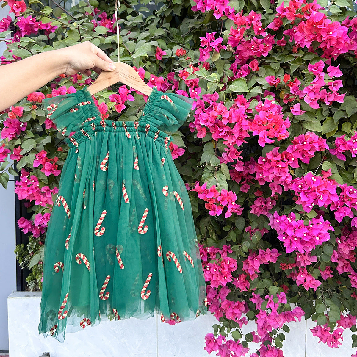 Summer Arrival Baby Girls Fly Sleeves Stars and Christmas Pattern Tulle Dress, MyKids-USA®, Baby & Children's Dresses, MyKids-USA - Size/Age - 80 (9-12M) - Color - Green -  -  - TR2605072341-B.