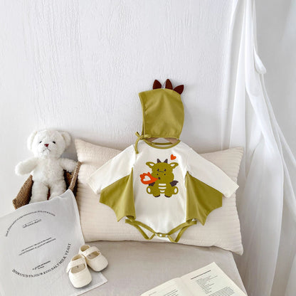 Autumn and Spring Arrival Baby Unisex Long Sleeves Cartoon Bodysuit with Hat