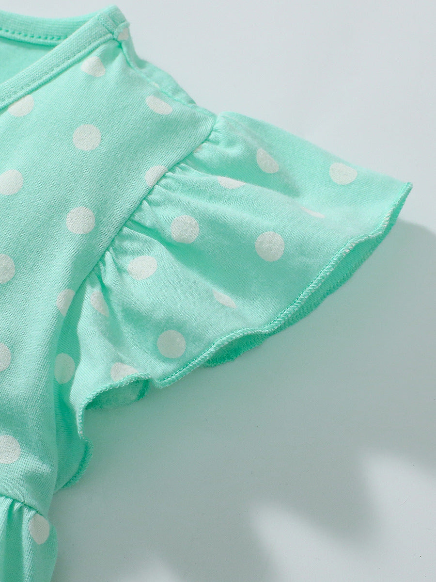 Summer Baby Kids Girls Polka Dots Green Dress And Solid Color Shorts 2-Piece Clothing Set