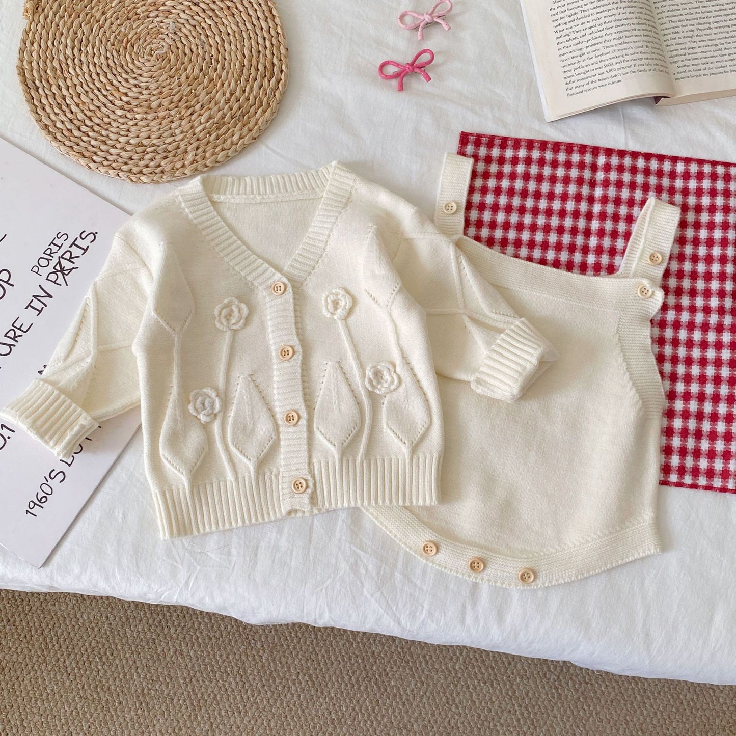 Winter and Autumn Baby Kids Girls Flowers Jacquard Pattern Long Sleeves Cardigan and Sleeveless bodysuit Knitted Clothing Set, MyKids-USA®, Baby & Toddler Outfits, MyKids-USA - Size/Age - 66 (3-6M) - Color - White -  -  - TR2512071728-C.