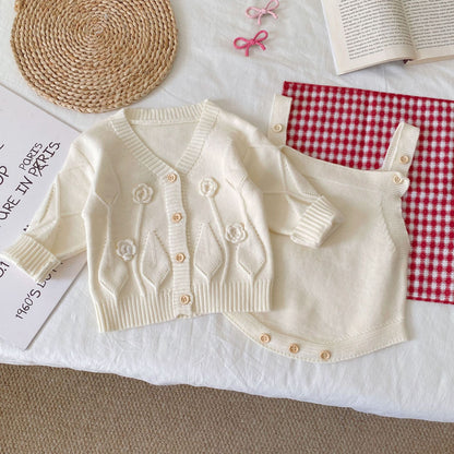 Winter and Autumn Baby Kids Girls Flowers Jacquard Pattern Long Sleeves Cardigan and Sleeveless bodysuit Knitted Clothing Set, MyKids-USA®, Baby & Toddler Outfits, MyKids-USA - Size/Age - 66 (3-6M) - Color - White -  -  - TR2512071728-C.