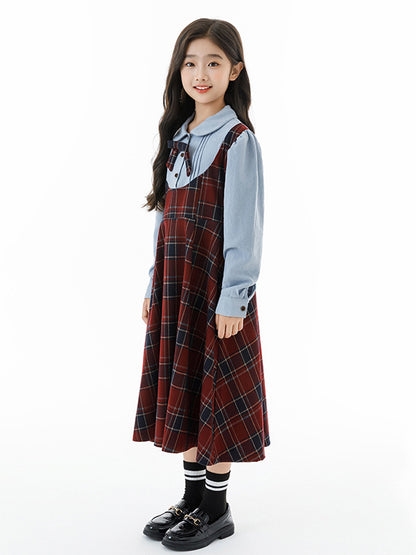 Autumn Arrival Long Sleeves Color Patchwork Preppy Plaid Pattern Dress for Stylish Girls