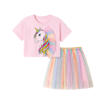 Summer Hot Selling Baby Kids Girls Short Sleeves Cartoon Pattern T-shirt and Tulle Skirt Clothing Set