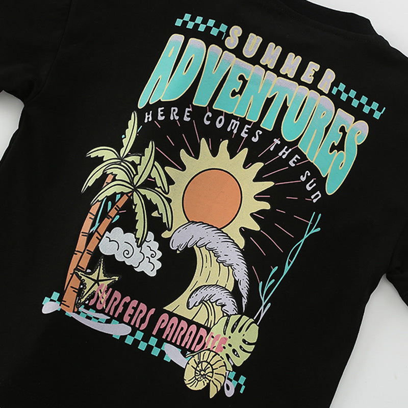 Summer Arrival Boys’ Letters and Sunset Cartoon Pattern T-shirt in European and American Style, MyKids-USA®, T-Shirts, MyKids-USA -  -  -  -  -  -  - 