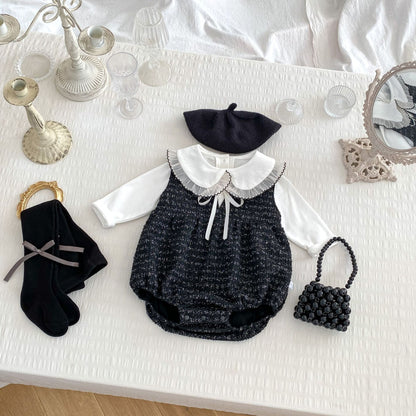 Arrival Spring Girls Long Sleeves Lace-trim Turn-down Collar Top and Sleeveless Onesies Set Clothing Set, MyKids-USA®, Baby One-Pieces, MyKids-USA - Size/Age - 66 (3-6M) - Color - Black -  -  - TR2501062250-B