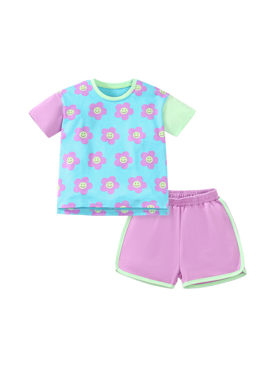 Baby And Kids Girls Floral Cartoon Top And Shorts Casual Home Clothing Set