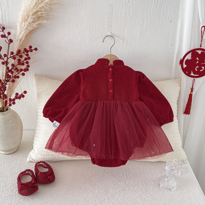 Winter Arrival Baby Girls Long Sleeves Red Solid Color Tulle Patchwork Onesies