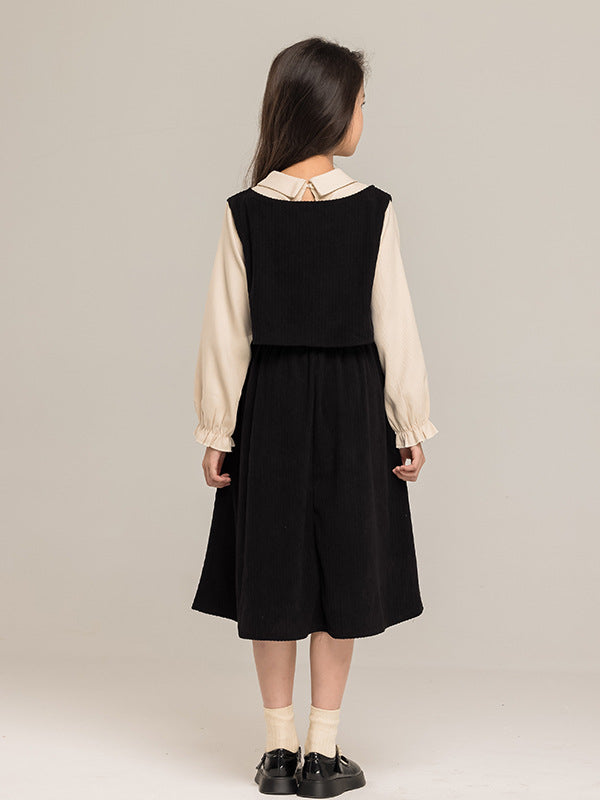 Autumn Arrival Long Sleeves Color Patchwork Preppy One-Piece Dress for Stylish Girls