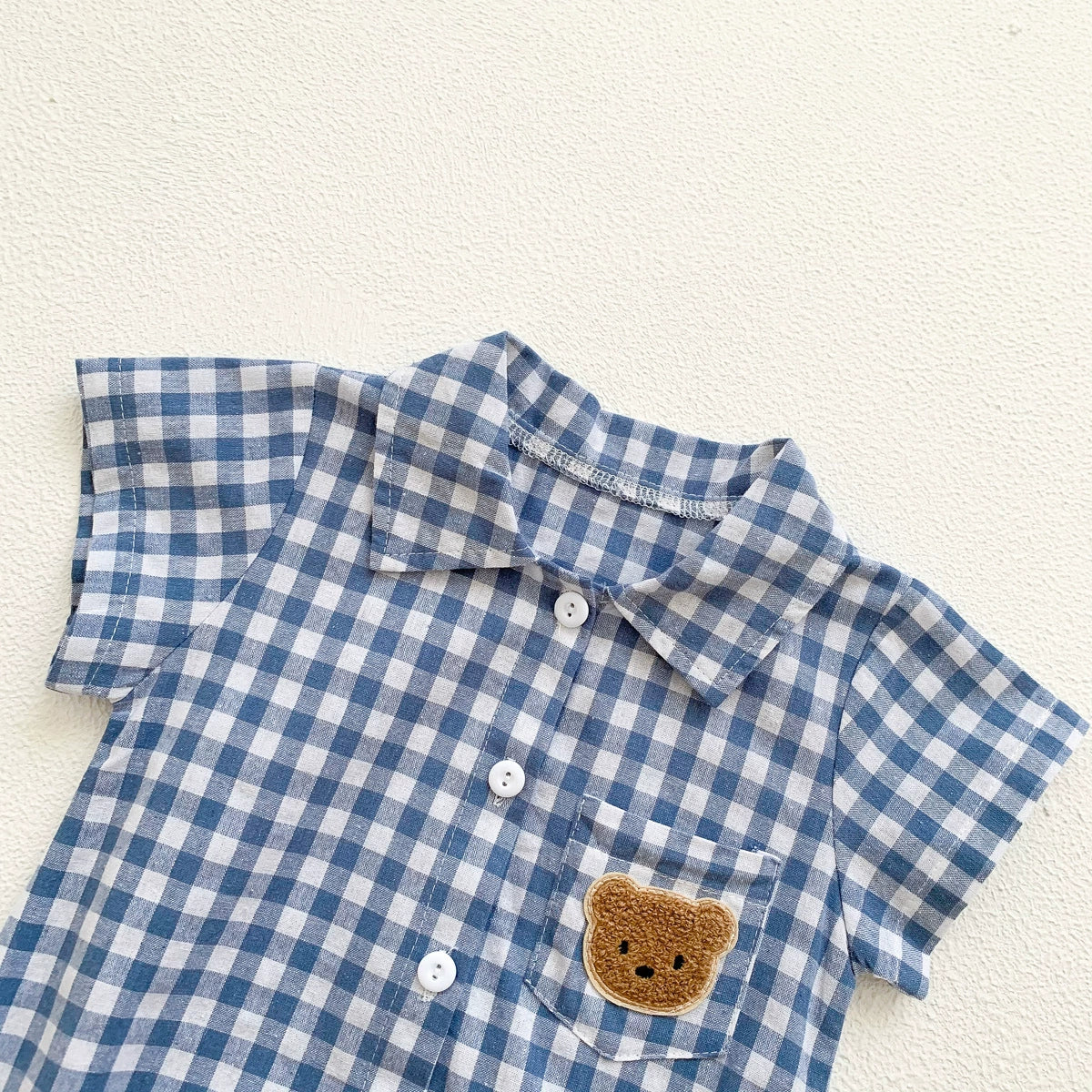Summer Arrival Baby Boys Plaid and Teddy Bear Pattern Short Sleeves Onesies with Turn-down Collar, MyKids-USA®, Baby One-Pieces, MyKids-USA -  -  -  -  -  -  - 
