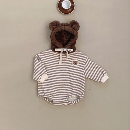 Arrival Winter and Spring Baby Unisex Striped and Teddy Bear Pattern Onesies with Fluffy Hood, MyKids-USA®, Baby One-Pieces, MyKids-USA - Size/Age - 66 (3-6M) - Color - Coffee -  -  - TR2601071341-B.