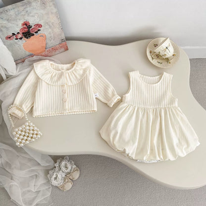 Spring and Autumn Baby Kids Girls Solid Color Long Sleeves Beige Cardigan and Sleeveless Onesies Clothing Set, MyKids-USA®, Baby & Toddler Outfits, MyKids-USA -  -  -  -  -  -  - 