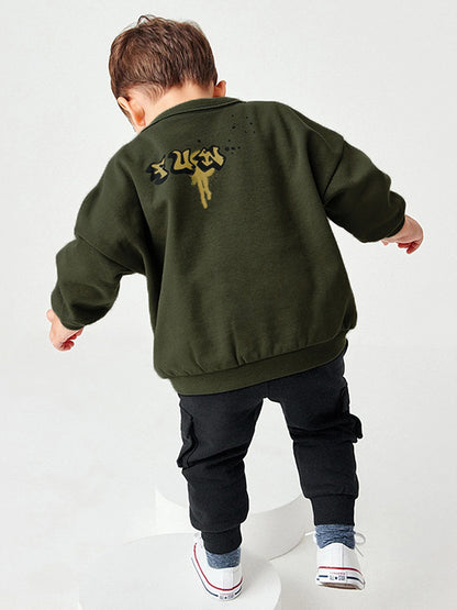 Baby Boys Kids Teddy Cartoon And Letters Printing Pattern Pullover And Solid Color Pants Two-Piece Homewear For Kids
