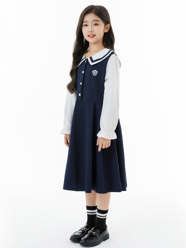 Autumn Arrival Long Sleeves Color Patchwork Preppy One-Piece Navy Collar Dress for Stylish Girls