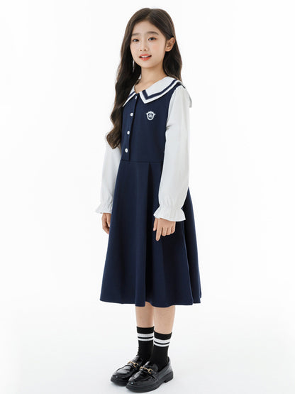 Autumn Arrival Long Sleeves Color Patchwork Preppy One-Piece Navy Collar Dress for Stylish Girls