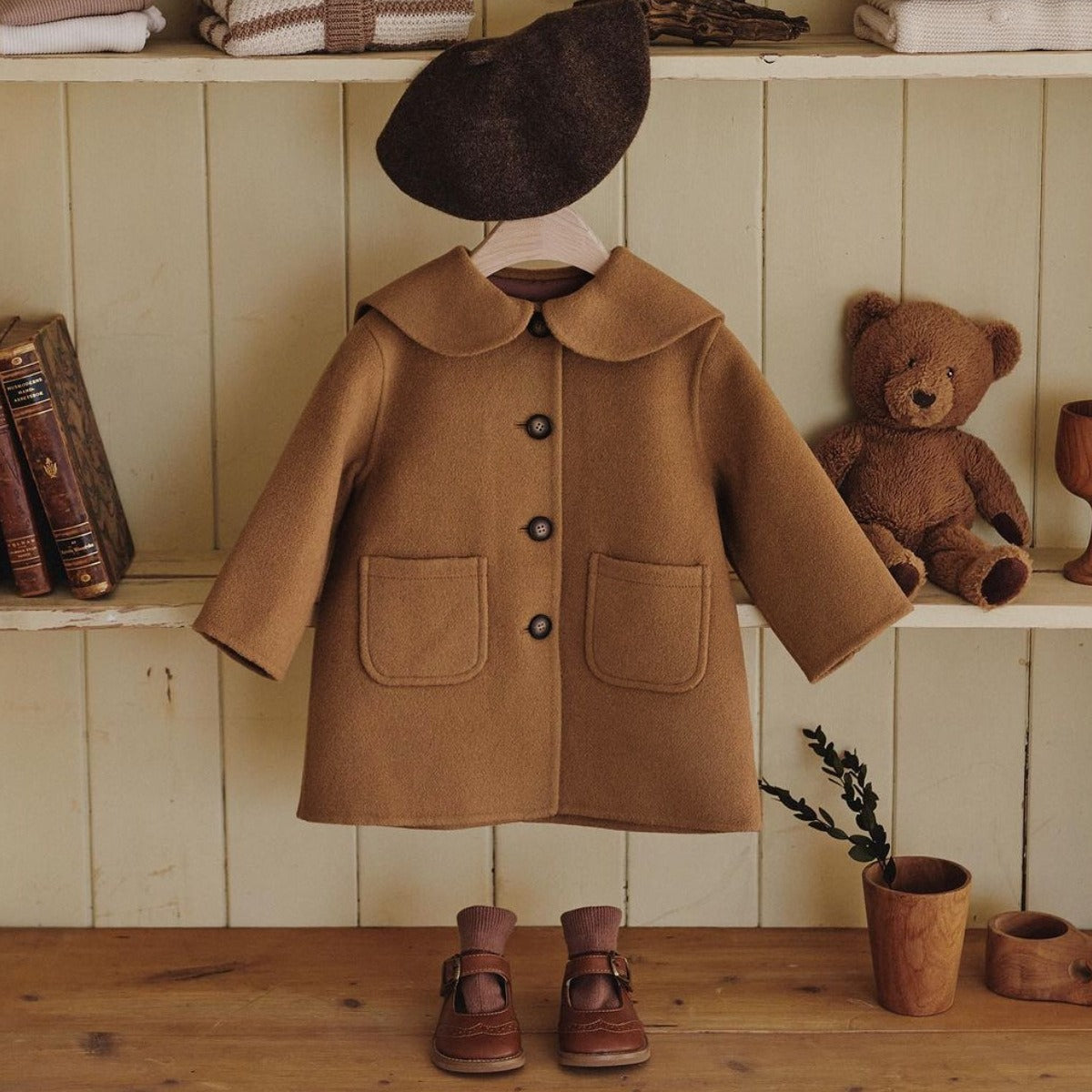 Premium-Style Girls Single-Breasted One-Piece Wool Coat without Hat