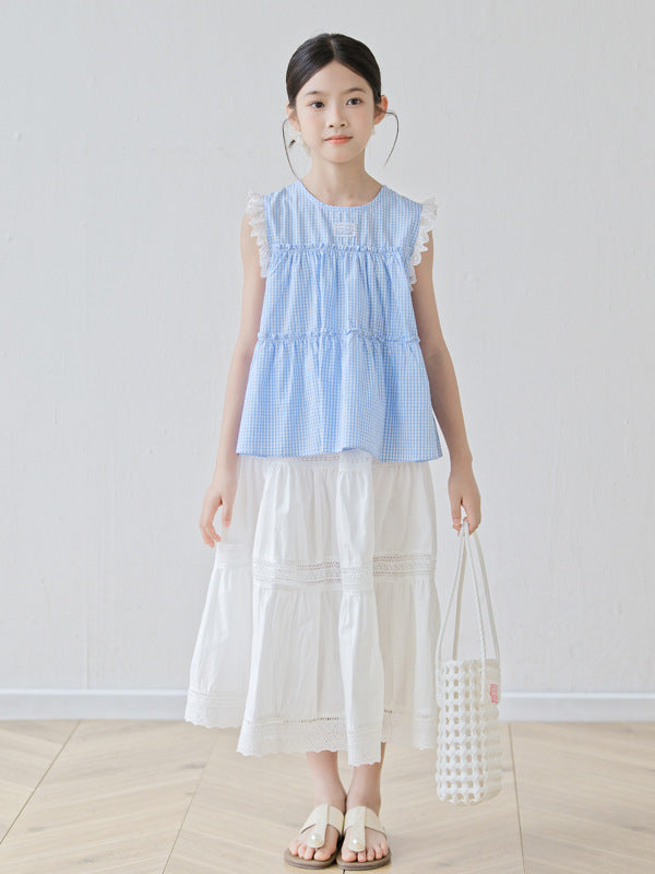 Arrival Summer Baby Kids Girls Sleeveless Plaid Vest and White Skirt