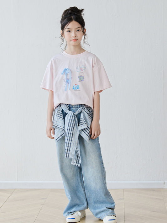 Summer Girls’ Cartoon and Letters Pattern Casual T-shirt in European and American Style
