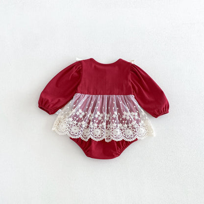 MyKids-USA® Autumn Arrival Baby Girls Long Sleeves Lace Trim Color Patchwork Bodysuit