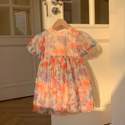 Summer Baby Kids Girls Short Sleeves Flowers Pattern Tulle Dress, MyKids-USA®, Baby & Children's Dresses, MyKids-USA -  -  -  -  -  -  - .