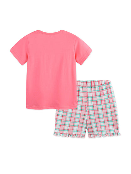 Arrival Summer Baby Kids Girls Short Sleeves Cartoon Pattern T-shirt and Plaid Shorts Clothing Set