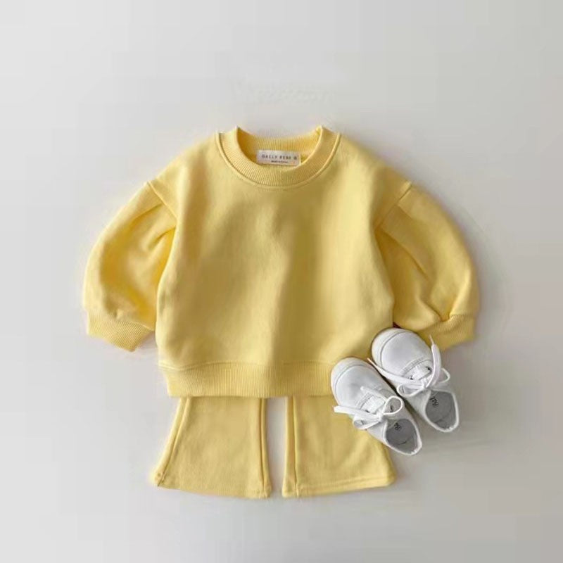 Autumn Baby Kids Unisex Casual Solid Color Long Sleeves Pullover and Flared Pants Clothing Set, MyKids-USA®, Baby & Toddler Outerwear, MyKids-USA - Size/Age - 66 (3-6M) - Color - Yellow -  -  - TR2408142131-C