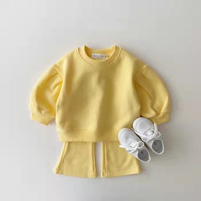 Autumn Baby Kids Unisex Casual Solid Color Long Sleeves Pullover and Flared Pants Clothing Set, MyKids-USA®, Baby & Toddler Outerwear, MyKids-USA - Size/Age - 66 (3-6M) - Color - Yellow -  -  - TR2408142131-C