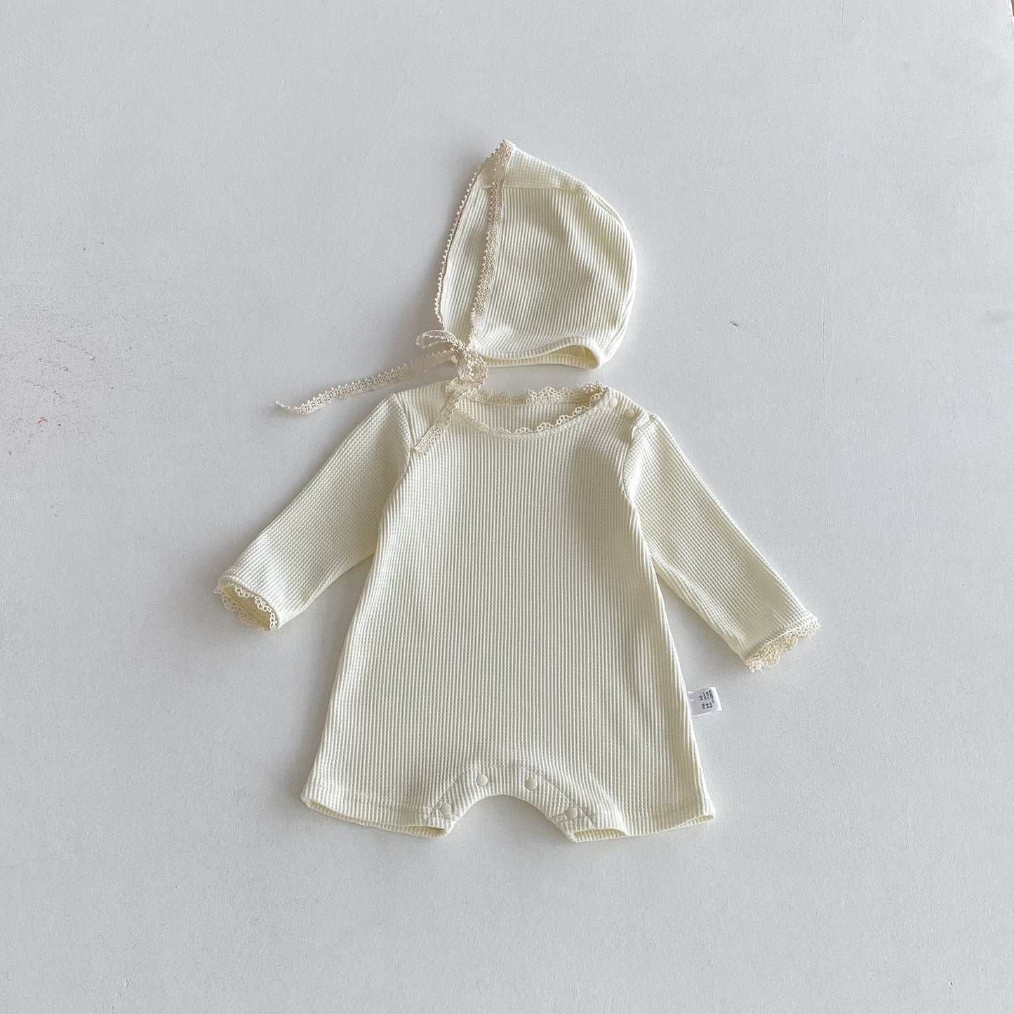 Autumn Arrival Baby Unisex Long Sleeves Lace Trim Decorated Waffle Grid Onesies with Hat, MyKids-USA®, Baby One-Pieces, MyKids-USA - Size/Age - 66 (3-6M) - Color - Beige -  -  - TR2509192353-A