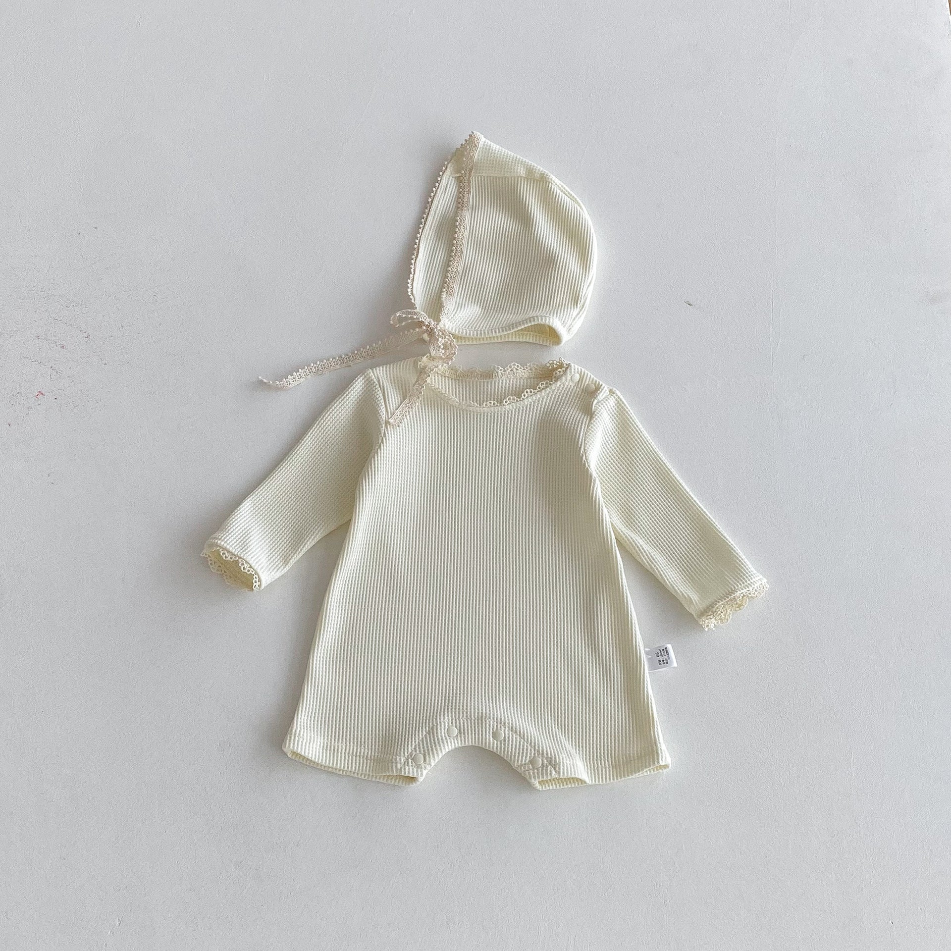 Autumn Arrival Baby Unisex Long Sleeves Lace Trim Decorated Waffle Grid Onesies with Hat, MyKids-USA®, Baby One-Pieces, MyKids-USA - Size/Age - 66 (3-6M) - Color - Beige -  -  - TR2509192353-A