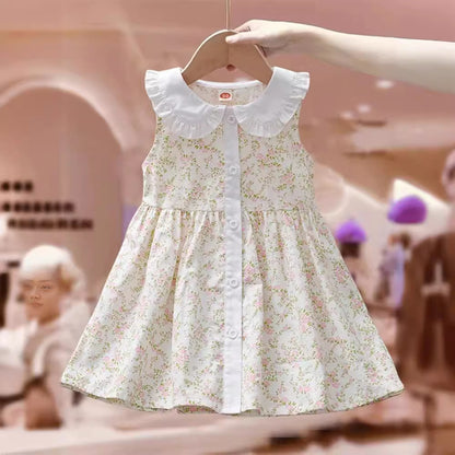 Summer Baby Kids Girls Sleeveless Single Breasted Simple Floral Print Princess Dress