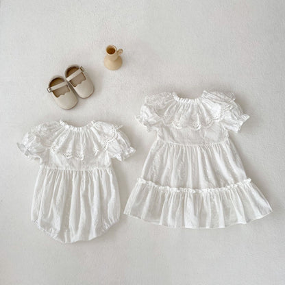 New Arrival Summer Baby Kids Girls Hollow Out Collar Short Sleeves Solid Color Floral Embroidery Onesies And Dress – Princess Sister Matching Set
