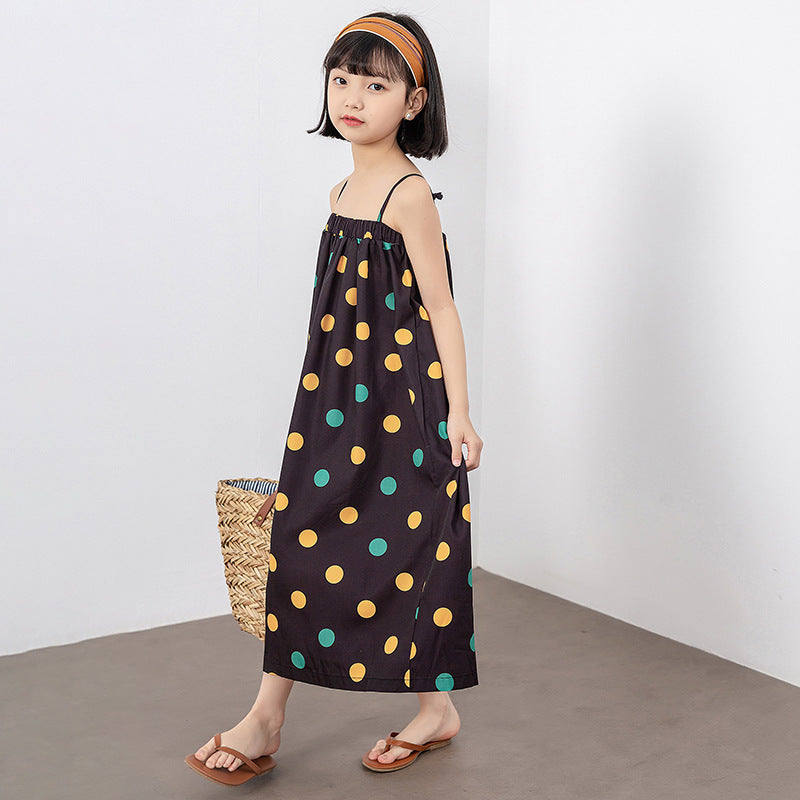 Girls Colorful Polka Dot Pattern Sling Quality Long Dress
