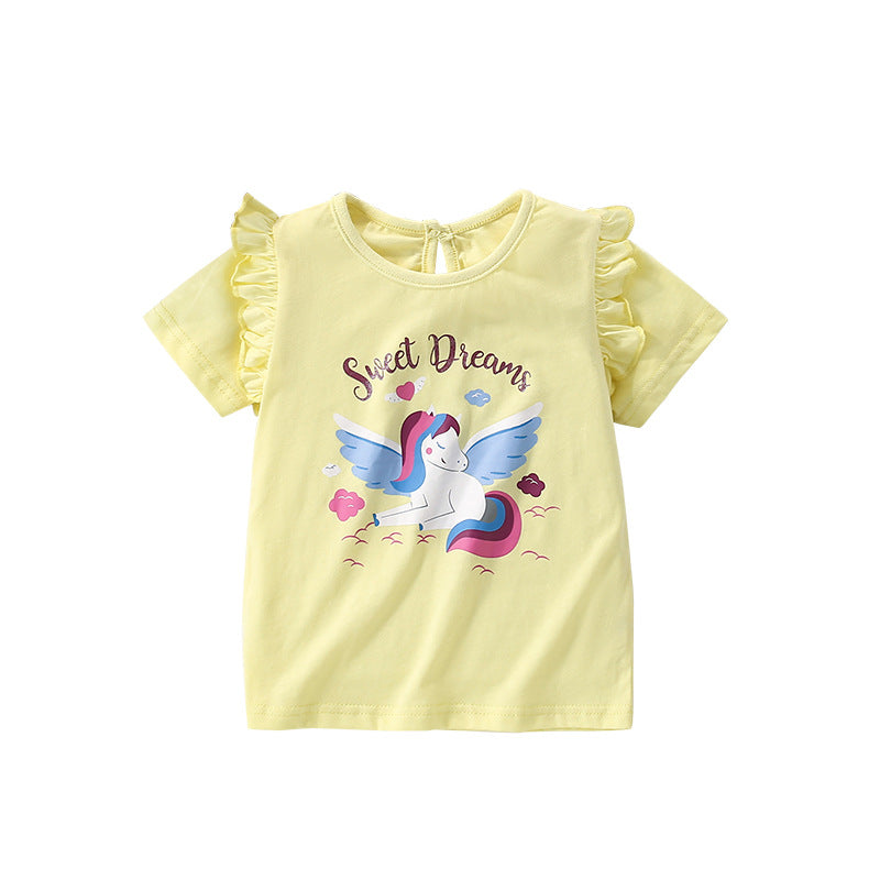 Summer Girls’ Fairy Cartoon Pattern Printed T-shirt in European and American Style, MyKids-USA®, Baby & Toddler Tops, MyKids-USA - Size/Age - 110 (3-5Y) - Color - Yellow -  -  - TR2505291034-A