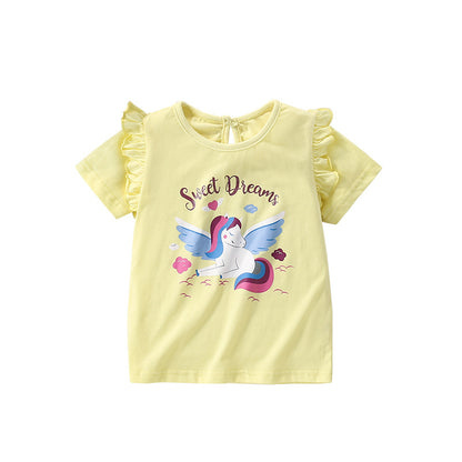 Summer Girls’ Fairy Cartoon Pattern Printed T-shirt in European and American Style, MyKids-USA®, Baby & Toddler Tops, MyKids-USA - Size/Age - 110 (3-5Y) - Color - Yellow -  -  - TR2505291034-A