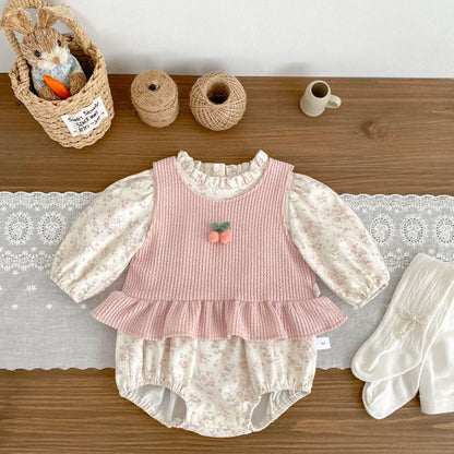 Spring and Autumn Baby Kids Girls Cherry Decorated Sleeveless Vest and Floral Long Sleeves Onesies Clothing Set, MyKids-USA®, Baby & Toddler Outfits, MyKids-USA - Size/Age - 66 (3-6M) - Color - Pink -  -  - TR2509022203-A