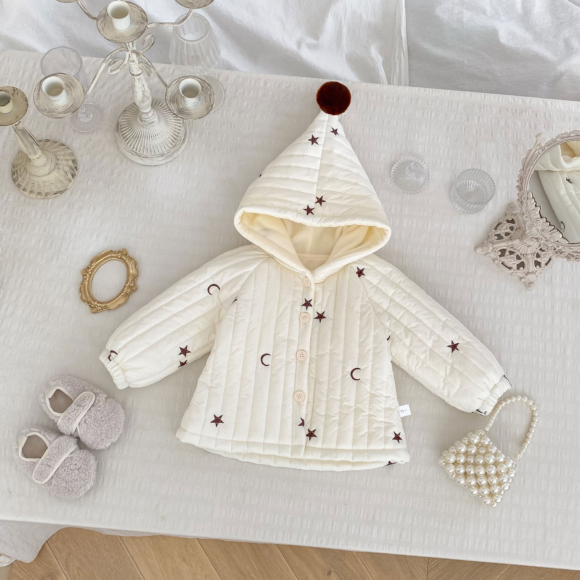 Winter Arrival Baby Kids Unisex Moons and Stars Pattern Long Sleeves Fleece-lined Hooded Coat, MyKids-USA®, Puffer Jackets, MyKids-USA -  -  -  -  -  -  - 