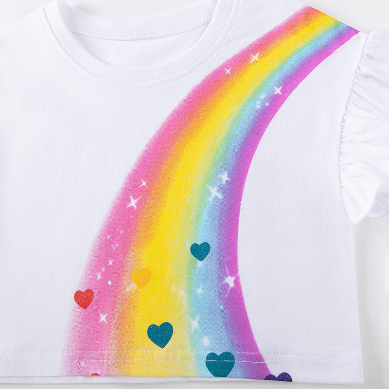 Summer Hot Selling Baby Kids Girls Short Sleeves Rainbow and Hearts Pattern T-shirt and Pink Skirt Clothing Set