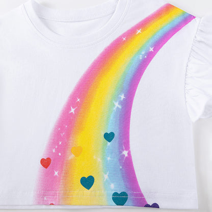 Summer Hot Selling Baby Kids Girls Short Sleeves Rainbow and Hearts Pattern T-shirt and Pink Skirt Clothing Set