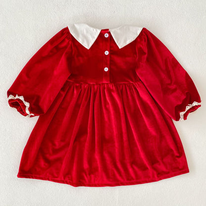 MyKids-USA® Autumn Lace Trim Baby Kids Girls Princess Long Sleeves Color Patchwork Dress