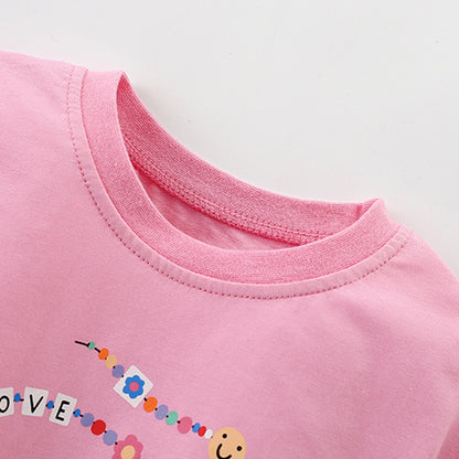 Summer Arrival Girls’ Flowers and Letters Pattern Short Sleeves Pink T-shirt in European and American Style, MyKids-USA®, T-Shirts, MyKids-USA -  -  -  -  -  -  - 