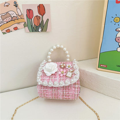 Stylish Plaid Carry-On Girls’ Portable 3D Flower Beaded Crossbody Handbag
