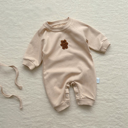 Autumn and Winter Arrival Baby Unisex Long Sleeves Teddy Bear Pattern Fleece-Lined Rompers
