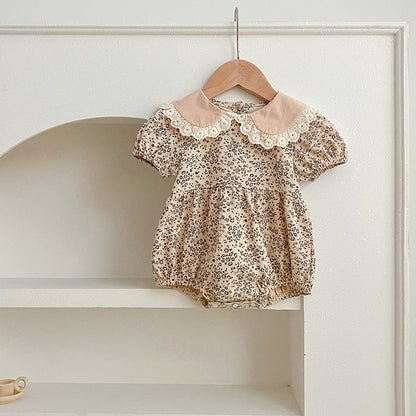 New Design Summer Baby Kids Girls Floral Pattern Short Sleeves Peter Pan Collar Onesies And Girls’ Dress – Princess Sister Matching Set