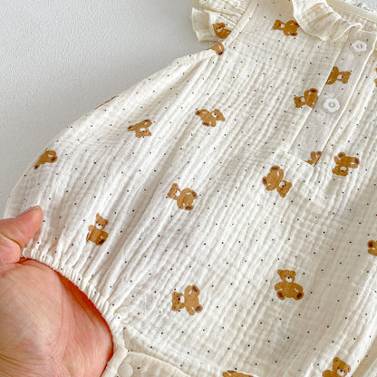 Design Summer Baby Kids Girls Fly Sleeves Teddy Bear Pattern Bodysuit