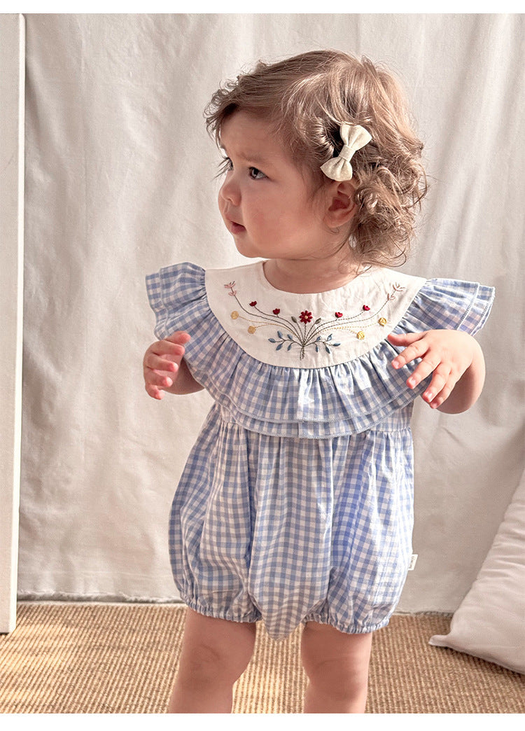 Summer Arrival Baby Cute Plaid Sleeveless Flowers Embroidered Onesies, MyKids-USA®, Baby One-Pieces, MyKids-USA -  -  -  -  -  -  - 
