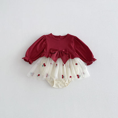 Spring Arrival Baby Girls Long Sleeves Cherry Pattern Tulle Decorated Bodysuit Dress, MyKids-USA®, Baby & Toddler Dresses, MyKids-USA - Size/Age - 66 (3-6M) - Color - Red -  -  - TR2602021514-A.