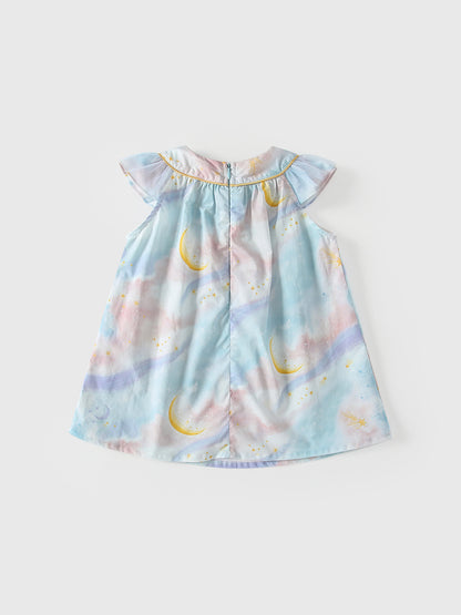 Summer Arrival Moon and Stars Pattern Fly Sleeves Dress for Stylish Girls