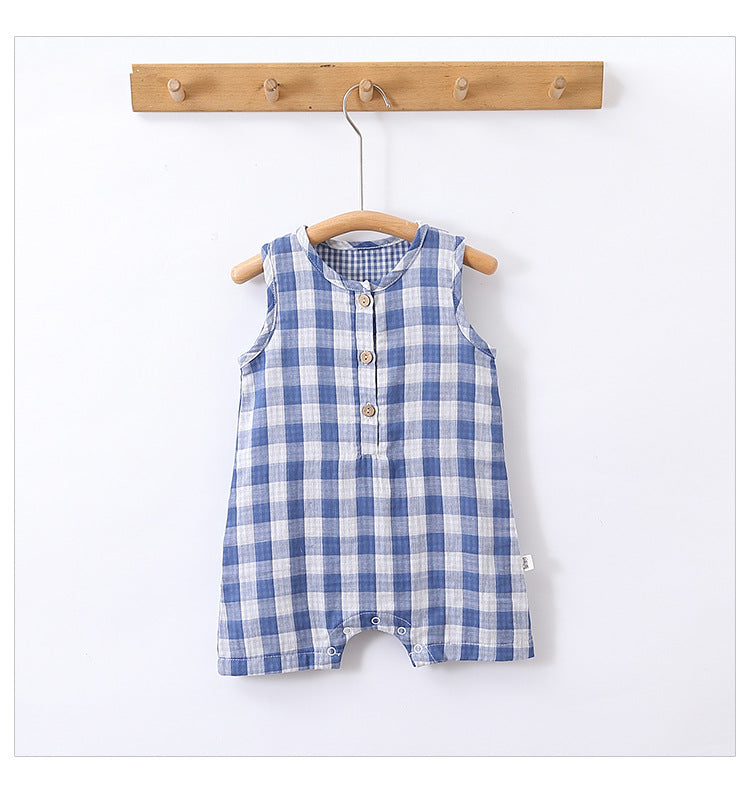 Unisex Summer New Arrival Sleeveless Simple Plaid Pattern Baby Strap And Open Front Onesies
