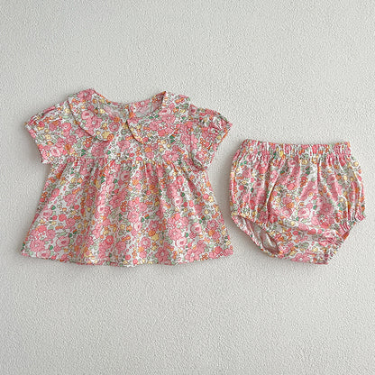 Summer Baby Kids Girls Floral Print Short Sleeves Top And Bloomers