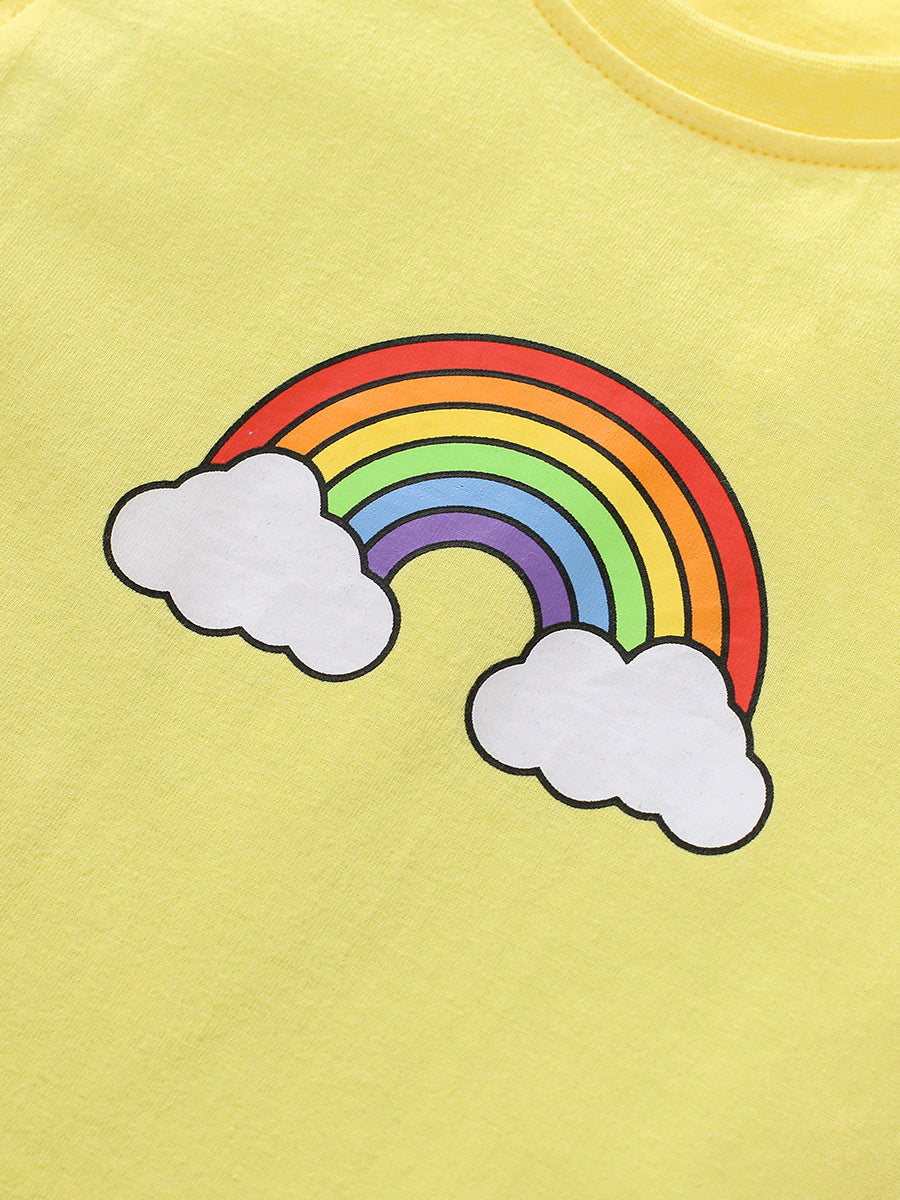 Crew Neck Rainbow Print Ruffle Sleeveless Girls’ T-Shirt